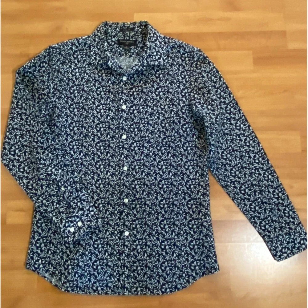 Banana Republic Linen Cotton Shirt Mens M Slim Fit Navy Blue White Button Up